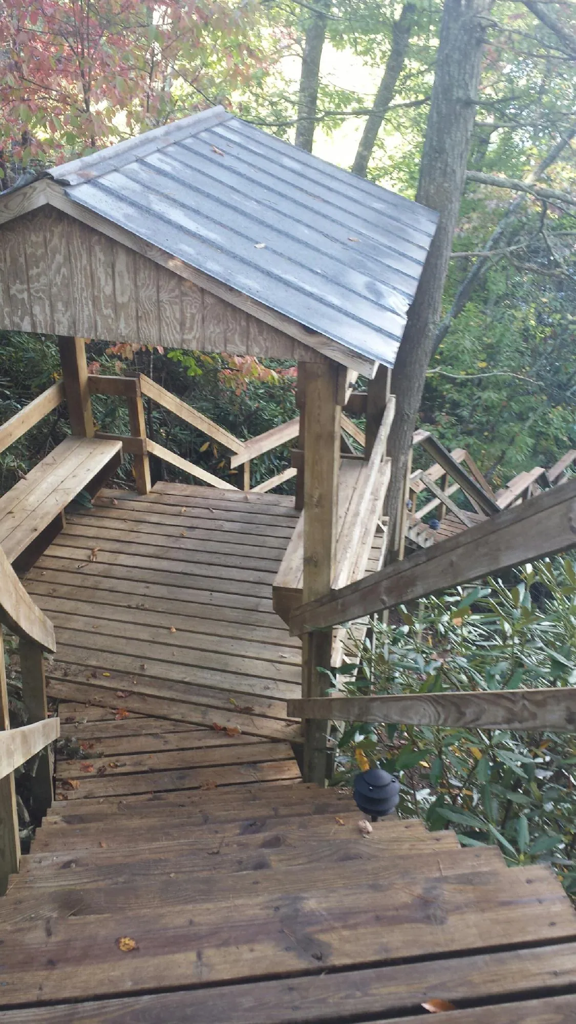 Metal roofed shelter over wooden steps on a wooded walkway — Skylight Repair & Installation work by our crew in Arapahoe